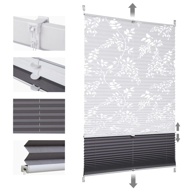 Plissee Klemmfix Ohne Bohren 75x120cm Weiß Mit Muster Und Dunkelgrau Doppelplissee Day + Night Verdunkelung Sonnenschutzrollo Lichtschutz Faltrollo 100% Verdunkelnd Jalousie Plisseerollo Für Fen - Sekey