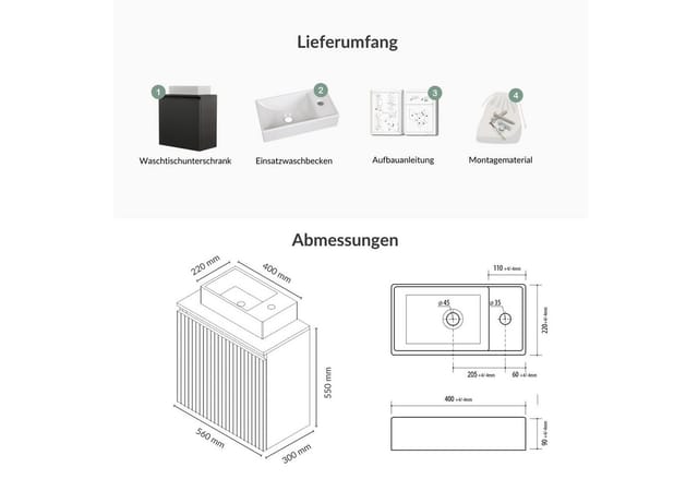 Planetmöbel Waschtisch Waschtisch 56 cm (Badmöbel-Set für Gäste WC & Bad, moderner Waschtischunterschrank mit Waschbecken), Soft-Close und wählbare Waschtischplatte