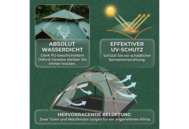 AKKEE Kuppelzelt Automatisches Pop-up-Zelt für 3-4 Personen, wasserdicht, für Camping, Wandern, Picknick, Jagen und Angeln