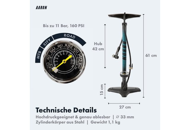 AARON Luftpumpe Sport One Fahrrad-Stand-Pumpe für alle Ventile mit Manometer