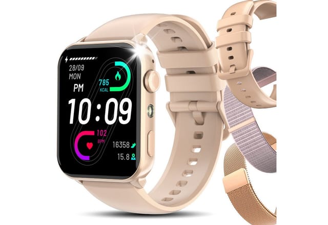 IOWODO Smartwatch Damen Herren 1,91" HD Touch, mit LED Lampe& Bluetooth Anruf Smartwatch, 3xRiemen (Metallarmband+Silikonarmband+Geflochtenesband) und Ladekabel, 5 Tage Akku,350 mAh,SpO₂/HR/Schlaf,App-Fitnesskurse,Schrittzähler,IP68