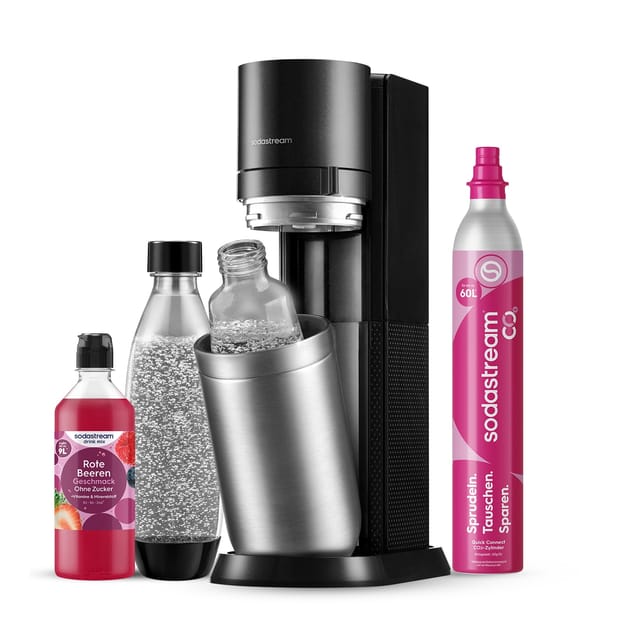 SodaStream Wassersprudler DUO mit Rote Beeren Zero Sirup inkl. 1x 1L Glasflasche, 1x 1L Kunststoffflasche + Quick-Connect CO2-Zylinder Farbe: Titan