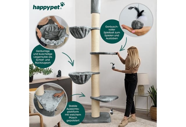 HAPPYPET Kratzbaum Grosse Katzen Stabil XXL Deckenhoch, 250 bis 275 cm Grau Basic