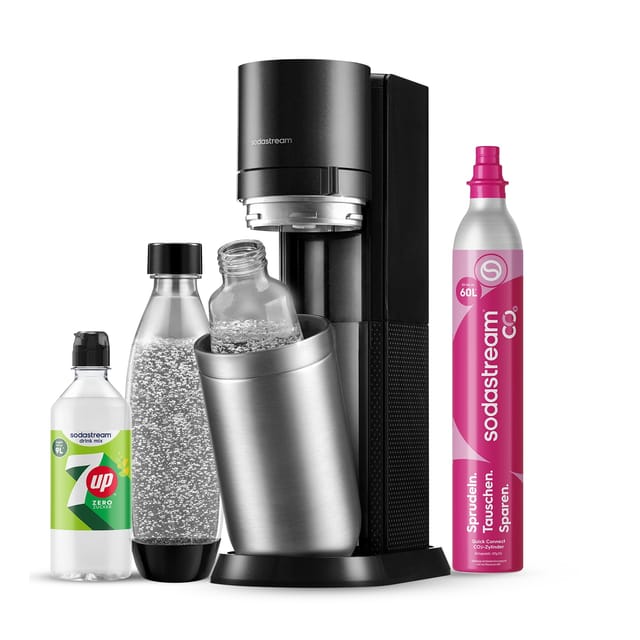 SodaStream Wassersprudler DUO mit 7UP Zero Sirup inkl. 1x 1L Glasflasche, 1x 1L Kunststoffflasche + Quick-Connect CO2-Zylinder Farbe: Titan