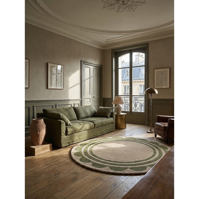 KADIMA DESIGN Wollteppich Grafisches Muster, Rahmen Wohnzimmer Wollteppich Rund 120x120, Rund, Höhe: 11 mm, Grün-Beige, 100% Wolle, Kurzflor, Handgetuftet Flordichte 3 250 g/m²