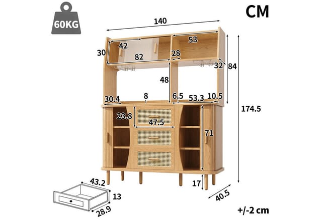 Flieks Küchenbuffet Hochschrank mit Glasschiebetüren und Rattan-Schubladen Holzoptik (140x40,5x174,5 cm, 1-St., Mehrzweckschrank mit Massivholzbeine) Küchenschrank mit Arbeitsplatte und Gläserhalter Landhausstil Natur