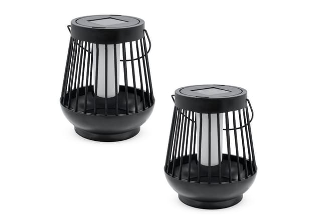 Spetebo LED Laterne Solar Laterne schwarz mit Flammeneffekt, Dämmerungssensor, LED fest integriert, orange, 2er Set, LED Deko Lampe für Außen zum Hängen oder Stellen