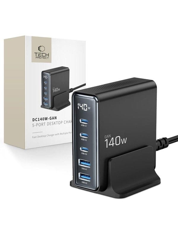 TECH PROTECT DC140W-GAN Ladestation (7000 mA, Ladestation mit Netzkabel und Ständer, 5-Port-Ladestation mit 140 W GaN-Technologie)