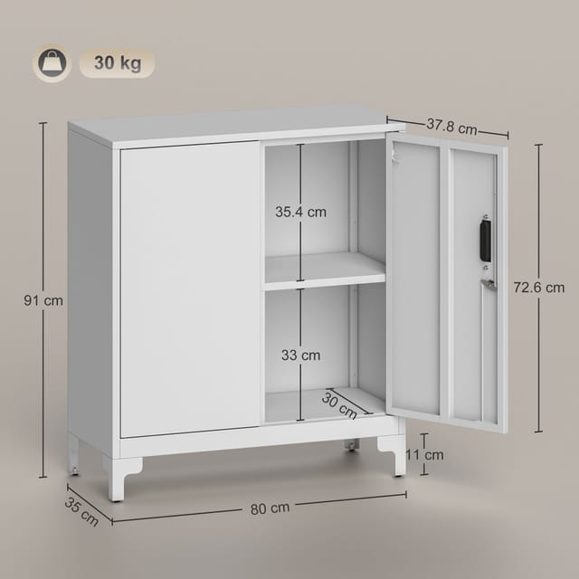 Metall-aktenschrank Mit Schlüsselschloss, Büroschrank Mit 2 Türen Und 2 Einlegeböden, Aktenschrank Für Zuhause, Arbeitszimmer, Büro, Garage, 80 X 35 X 91 Cm, Weiß
