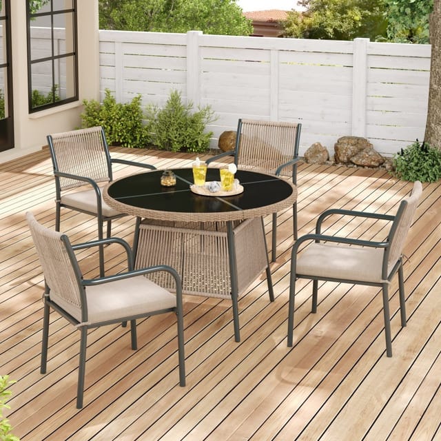 5-teilige Gartenmöbelgarnitur – Runder Glastisch Ø 110 Cm + 4 Sessel Aus Seil Und Pe-rattan – Modernes Grau