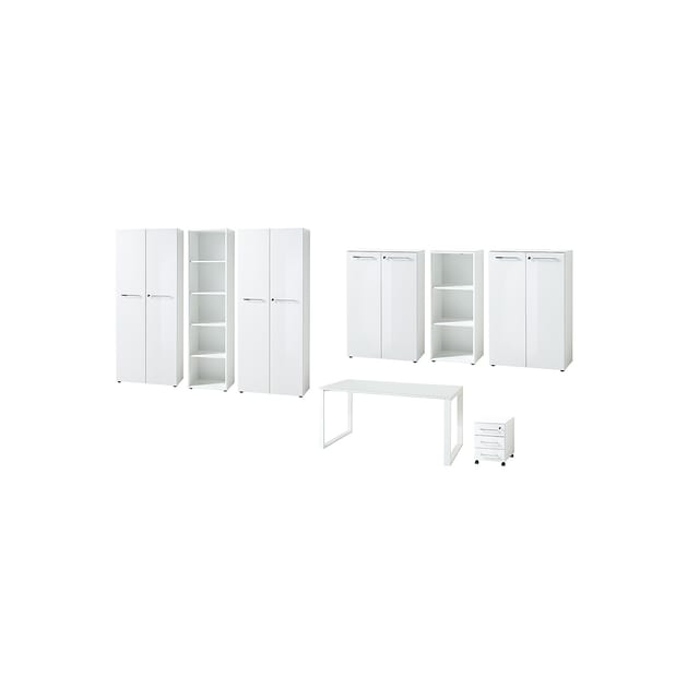 Büro-Set 8-tlg Komplettbüro MUENCHEN Weiß Schreibtisch, 6 Schränke, Container Glasfront Soft-Close Abschließbar Made in Germany Kadima Design