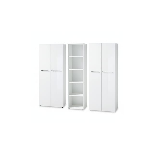Aktenschrank Set 3-teilig Schrankwand Weiß 5 Ordnerhöhen 2 Schrank Abschließbar & Regal Glasfront Soft-Close Serie MUENCHEN Kadima Design