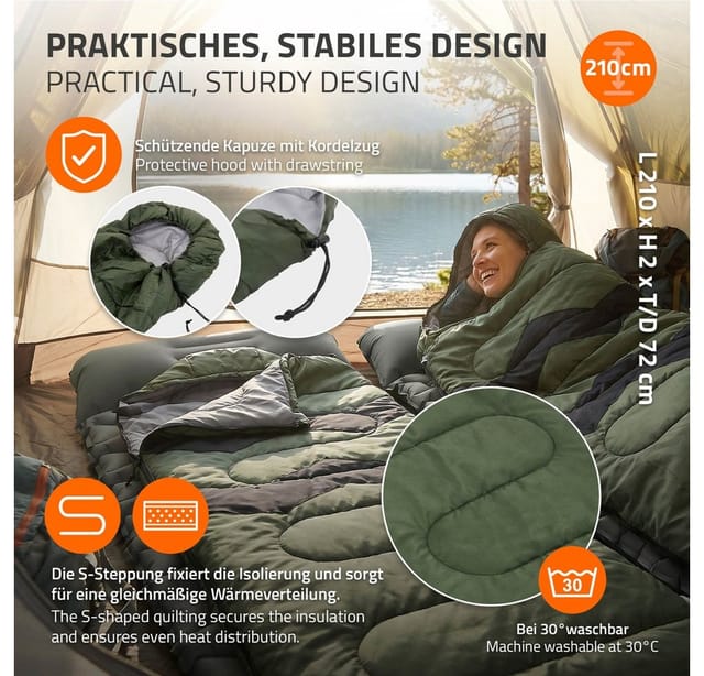 ECD Germany Deckenschlafsack Schlafsack Outdoor für Camping 210 cm Hüttenschlafsack 3 Jahreszeiten, Mumienschlafsack Khaki wasserabweisend kleines Packmaß leicht und warm