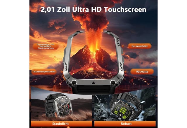 blackview 2,01'' Militär Smartwatch Herren mit 900mAh Fitnessuhr,100+ Sportmodi Smartwatch (5,1 cm, iOS/Android), Sportuhr Herren mit 2 Armbändern,Taschenlampe,IP68,20 Tage Akku,SOS