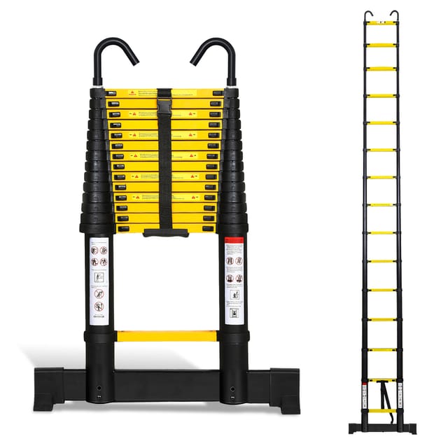 Randaco Profi Teleskopleiter 4,4m Schwarz Aluminium 150kg Tragkraft Mehrzweckleiter Rutschfeste Gummifüße Mit Stabilisator Und Abnehmbaren Haken