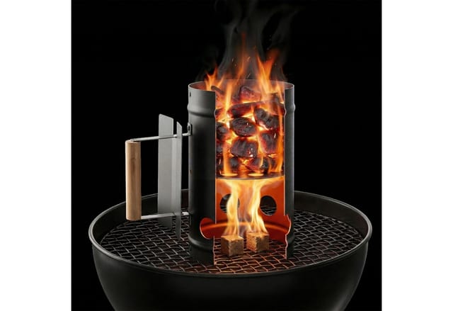 Relaxdays Anzündkamin Grill, Mit Holzgriff & Hitzeschild, Hbt: 28 X 27 X 17 Cm, Anzündhilfe Grillkohle, Stahl, Schwarz