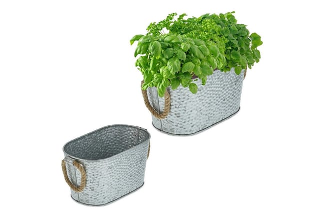 Zinkwanne 2er Set, Pflanzkübel In Hammerschlag-optik, Deko Eisenwannen In 2 Größen, Mit Jute-griffen, Silber - Relaxdays