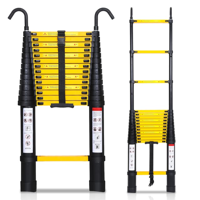 Tolletour Premium Alu Teleskopleiter Ausziehleiter Klappleiter Höhe 4,4m Schwarz Antirutsch Mehrzweckleiter Mit Abnehmbaren Haken