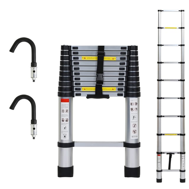 Tolletour Profi Teleskopleiter 3,2m Silber Aluminium 150kg Tragkraft Mehrzweckleiter Rutschfeste Gummifüße Mit Abnehmbaren Haken