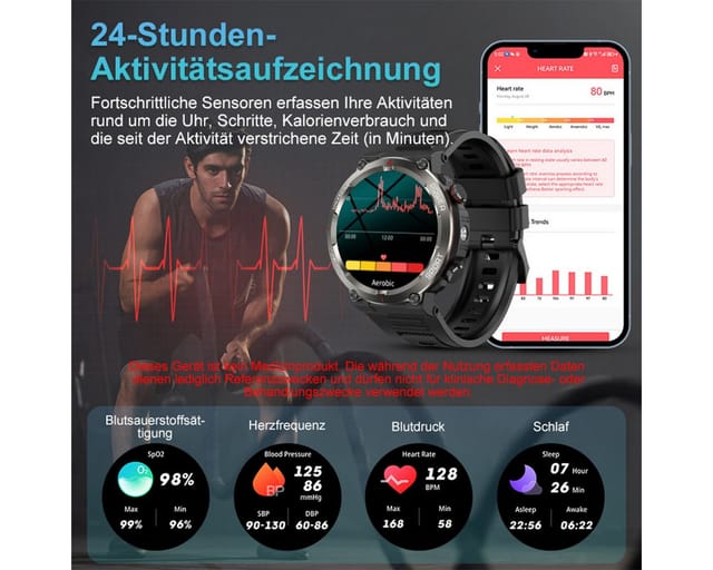 blackview Militärische Smartwatch für Herren mit 960mAh(30 Tage),Telefonfunktion Smartwatch (1.45 Zoll, iOS/Android), 2-tlg., 3 x Riemen / 2 x Riemen und Ladekabel, Sprachassistent,LED-Taschenlampe,Kompass,150+ Sportmodi,Schritten,IP68