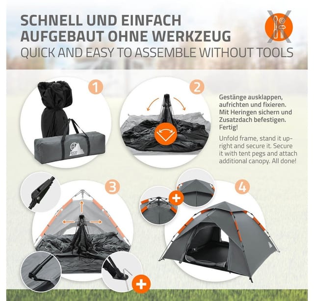 Ecd Germany Pop Up Zelt Wasserdicht 4 Personen, Camping Zelt Outdoor, Schnellaufbau Wurfzelt Winddicht & Luftdurchlässig, Kuppelzelt Doppelwandig, Leichtes Familienzelt Für Strand Festival, Grau