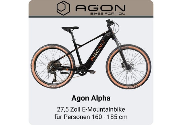 Agon Alpha E Bike Mountainbike Herren oder Damen 160 - 185 cm Pedelec 27,5 Zoll Hardtail MTB Trail mit Ananda Motor 10 Gang 540 Wh