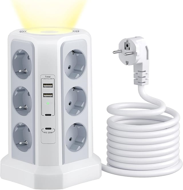 12-fach-turmsteckdosenleiste (4000 W / 16 A) Mit 20 W Usb-c Pd, Überspannungsschutz, 4 Usb-anschlüssen Und Schaltern – Passus, 1,8 M Kabel
