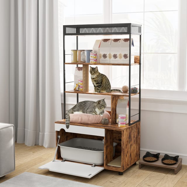 2-in-1 Katzenklo Schrank, Katzenklo Mit 3-ebenen-regal, Kratzpfosten, Klapptür, Katzenhaus Für Katze Unter 6 Kg, 80 X 48 X 152 Cm, Rustikal-braun