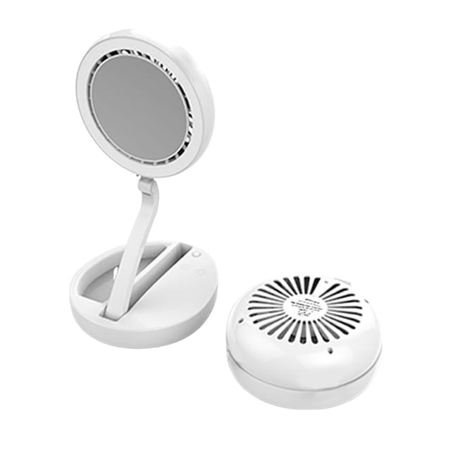 Wiederaufladbarer Led-schminkspiegel Mit Faltbarem Ventilator, Tragbarer Schminktisch, Intelligentes 2-in-1-kosmetiktool, Geschenk Für Zuhause