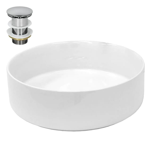 ECD Germany Design Waschbecken 355mm mit Ablaufgarnitur Keramik Rund Weiß