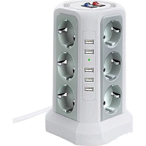 Überspannungsgeschützter Steckdosenturm. Steckdosenleiste Mit 5 Usb-anschlüssen Und 12 Steckdosen. Steckdosenleiste Mit 3 Schaltern. Weiß.