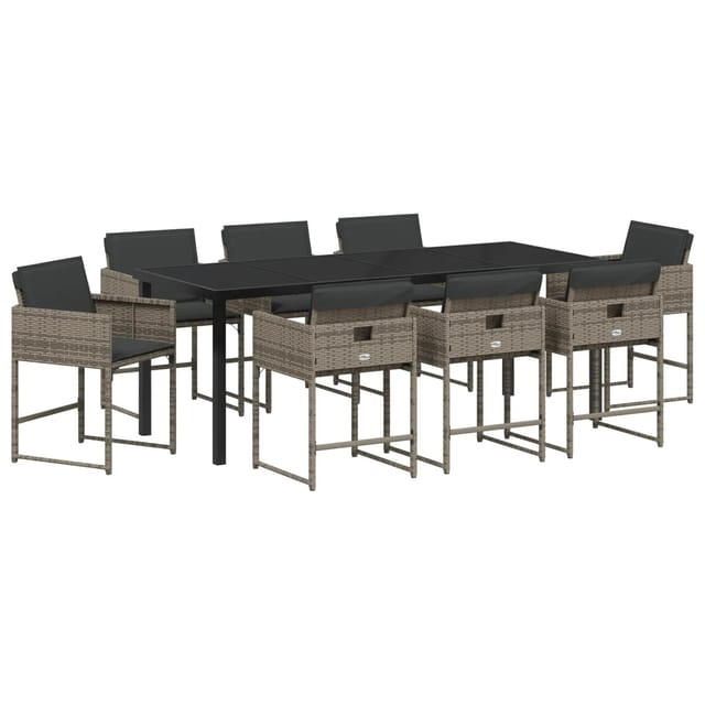 vidaXL Garten Essgruppe mit Kissen 9-Tlg Grau Poly Rattan 3380015