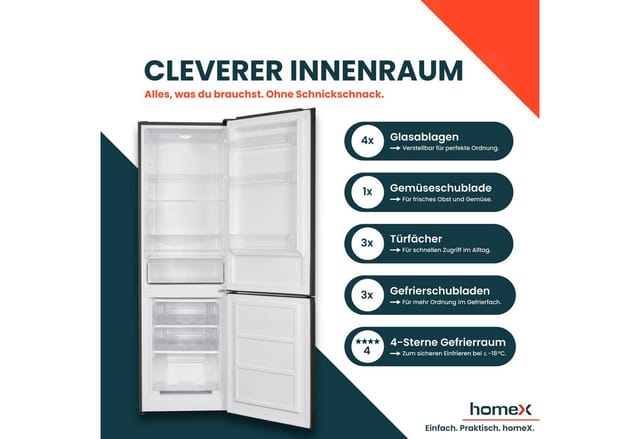 homeX Kühlschrank mit Gefrierfach Kühl-Gefrierkombination Freistehend Groß 315 Liter Super-Frost-Funktion Schwarz