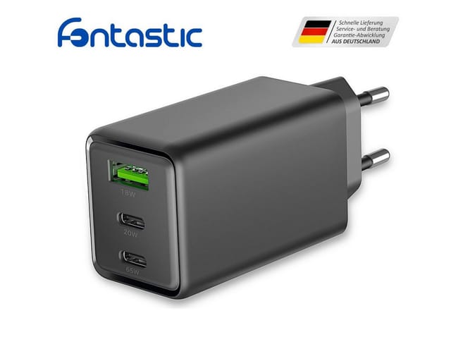 FONTASTIC 264962 - USB-Ladegerät, 65 W, 2x USB-C, 1x USB-A, GaN, schwarz
