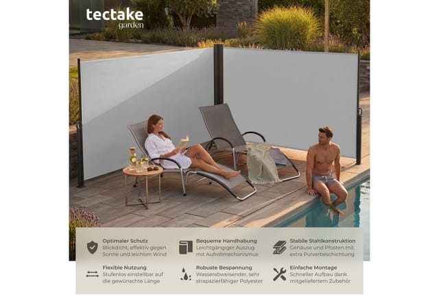 tectake® Doppel-Seitenmarkise, 160 x 600 cm, Schutz vor Sonne und Wind, ausziehbar, mit Aufrollmechanismus