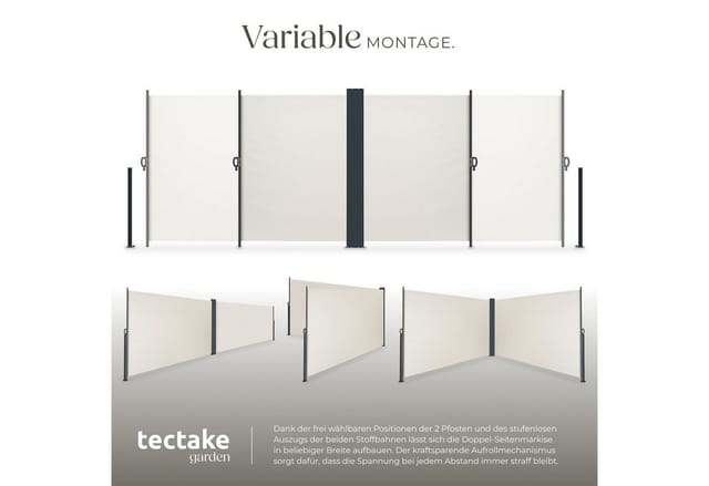 tectake Seitenarmmarkise Ausziehbare Doppel-Seitenmarkise - wetterfester Sichtschutz (doppel-seitenmarkise, in beige) Automatischer Aufrollmechanismus