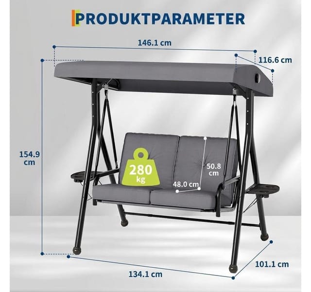 GarveeMore Hollywoodschaukel 2-Sitzer mit Sonnendach und Getränkehaltern Gartenschaukel bis 280kg