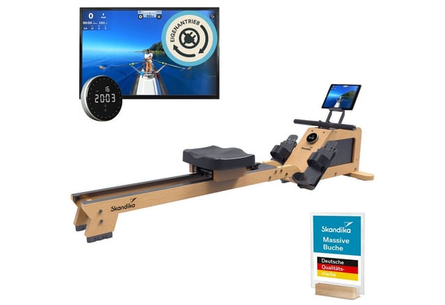 Skandika Rudergerät für Zuhause Torin P6-G, Rahmen aus Echtholz, Aufstellfunktion (mit Eigenantrieb, Magnetbremse 32 Stufen, Transportrollen, bis 150 kg), Bluetooth & Kinomap App kompatibel, Schwungmassensystem 6 kg