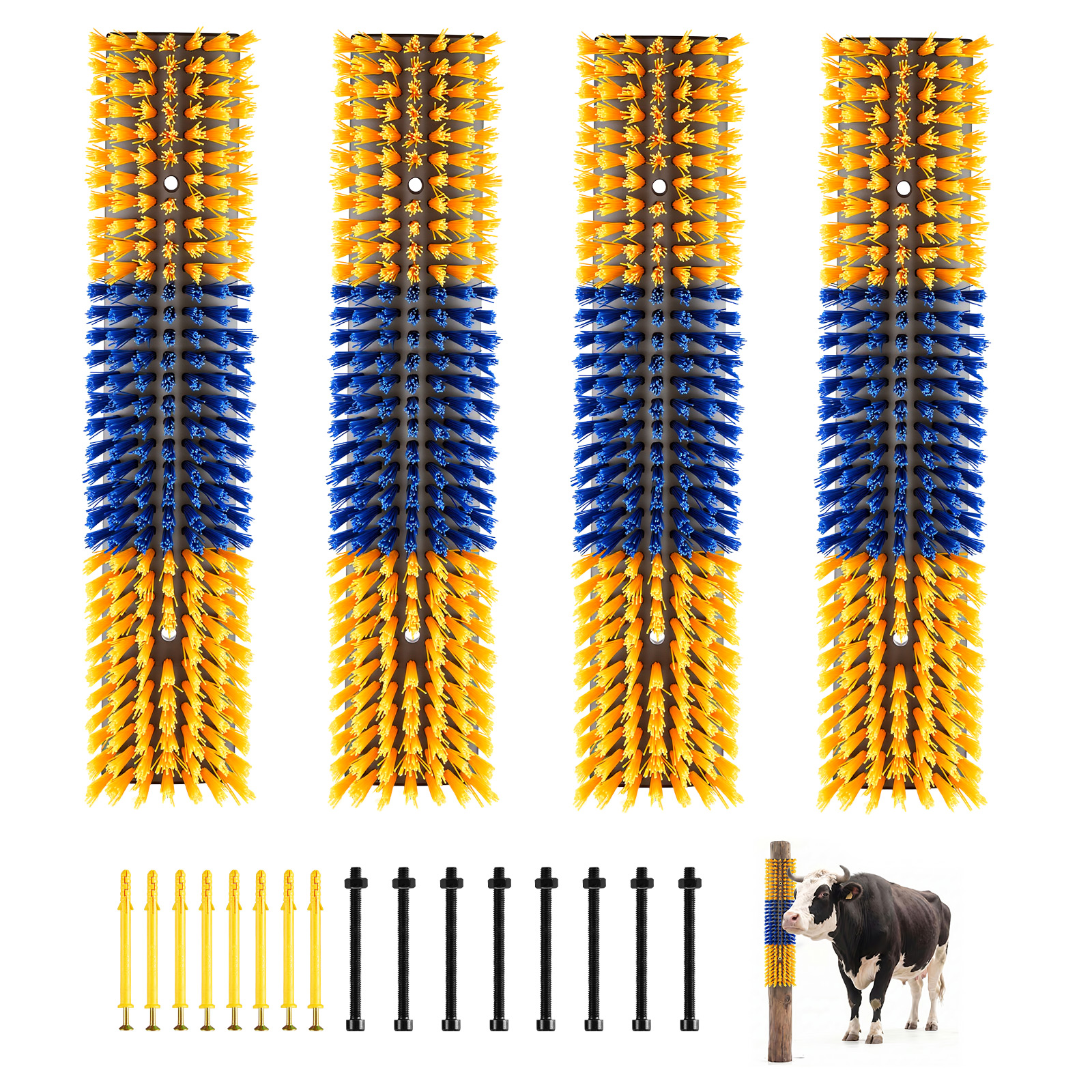Vevor Kratzbürste 43x10 Cm, Viehbürste 4 Stk. Inkl. 16 Schrauben, Rinderkratzer Zur Linderung Von Rückenjucken, Massage-& Pflege-kratzwerkzeug Für Pferde, Rinder, Schafe & Schweine,gelb & Blau