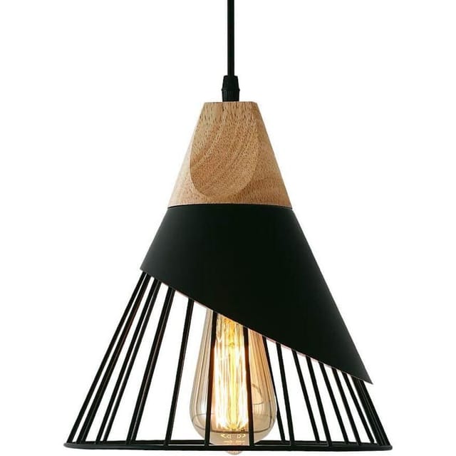 [niemals Verwendet] Vintage-pendelleuchte, Industriedesign Aus Holz Und Metall, Pendelleuchte Mit Schirm, 27 Cm Wandleuchte, Schwarz