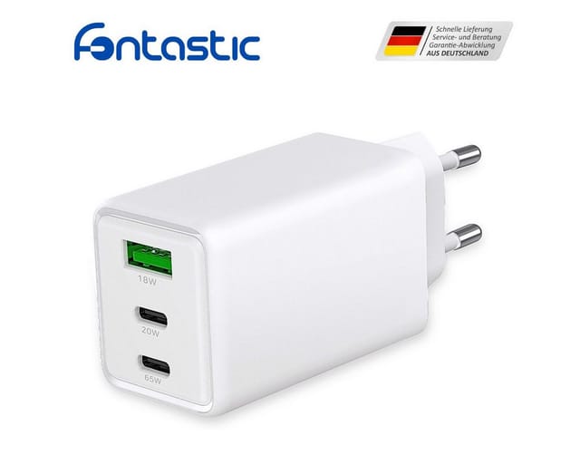 FONTASTIC 264955 - USB-Ladegerät, 65 W, 2x USB-C, 1x USB-A, GaN, weiß