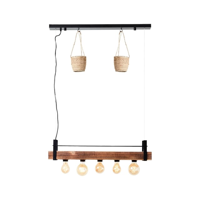 BRILLIANT Lampe, Bankwood Pendelleuchte 5flg schwarz/holzfarbend, 5x A60, E27, 28W, Holz aus nachhaltiger Waldwirtschaft (FSC)