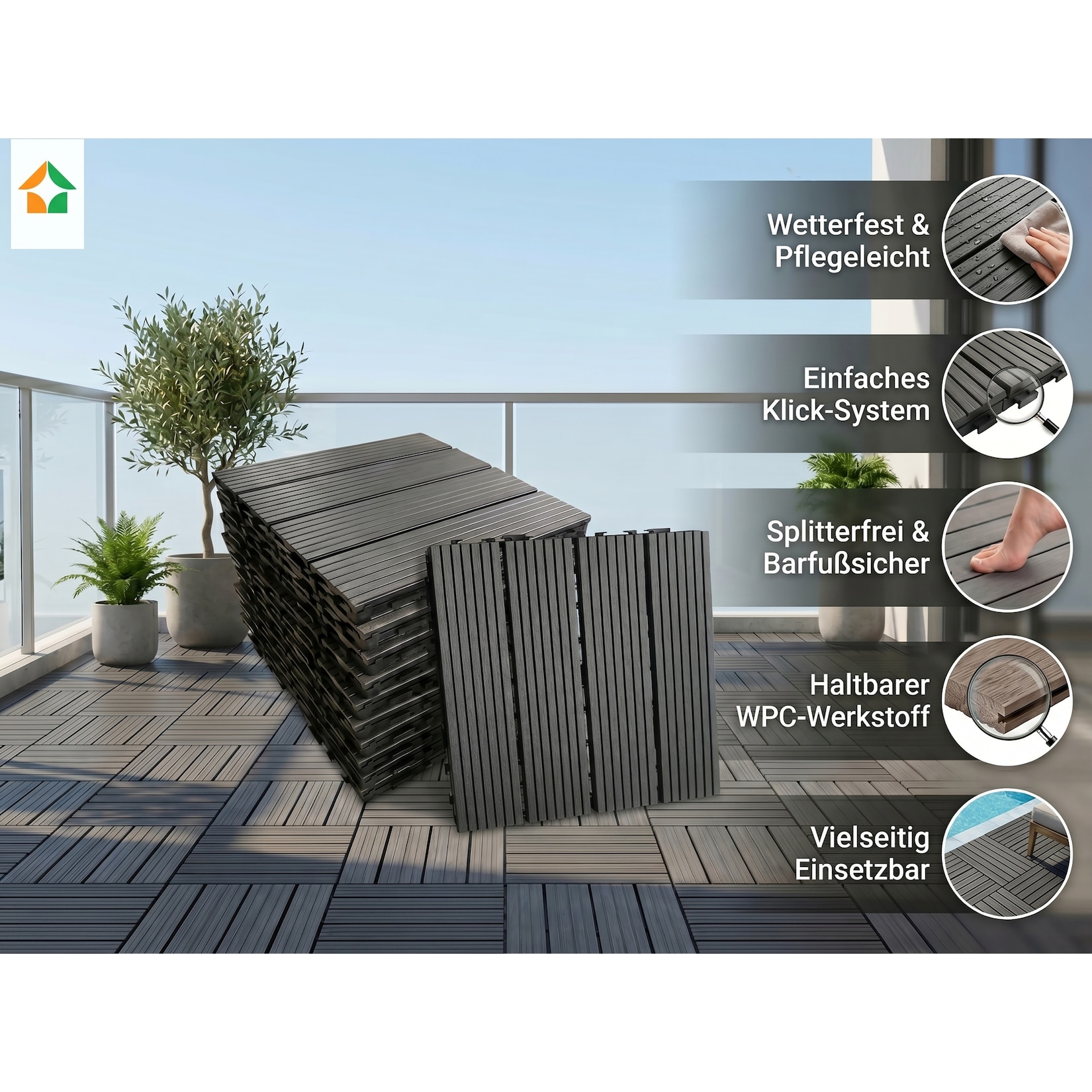 WPC Terrassenfliesen MAURICE 30x30 cm, 11pcs/ctn - Anthrazit
