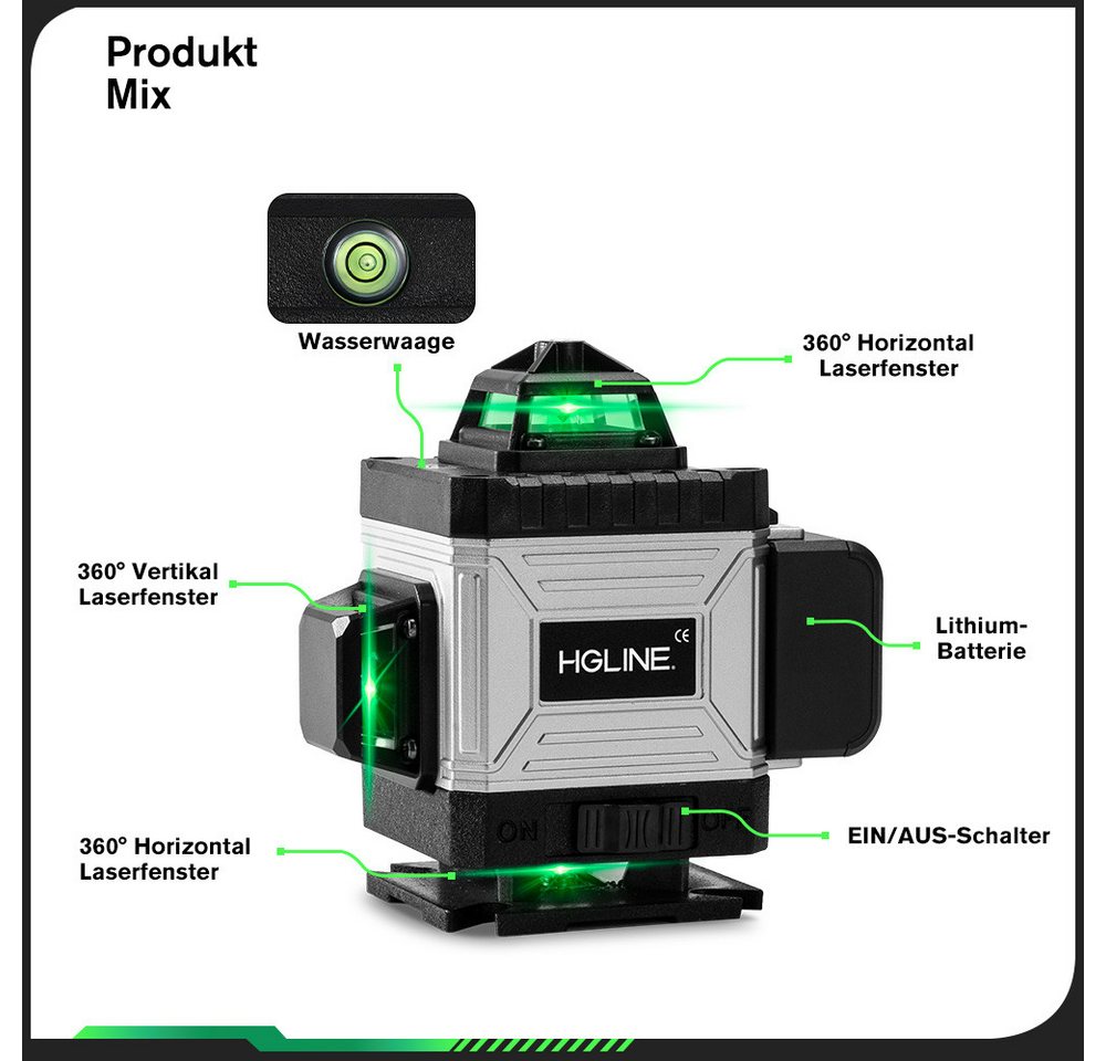 HGLINE Kreuzlinienlaser mit 1,2 m Stativ, 4D 16-Linien Selbstnivellierungslaser 4x360°, Laser Baustellen Kreuzlinienlaser Rotationslaser