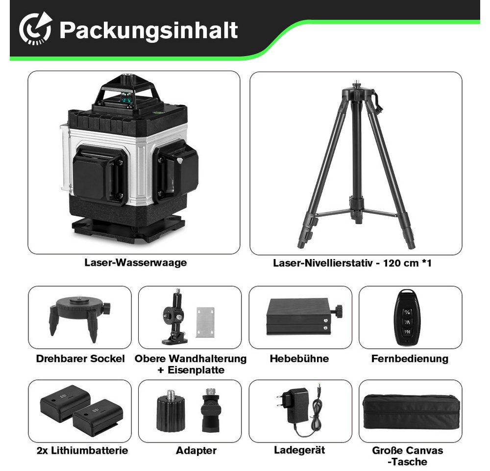 HGLINE Kreuzlinienlaser mit 1,2 m Stativ, 4D 16-Linien Selbstnivellierungslaser 4x360°, Laser Baustellen Kreuzlinienlaser Rotationslaser Bild 5