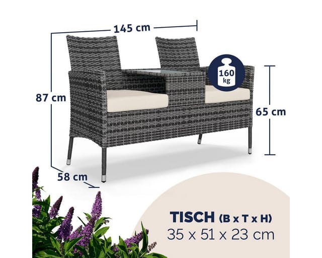Casaria Gartenbank, inkl. Auflagen Polyrattan 320kg Belastbar Tisch Garten Grau