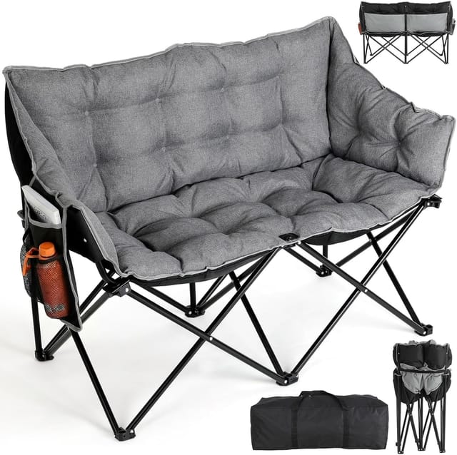 Klappbarer Campingstuhl Mit 2 Sitzen, Tragbarer Strandstuhl, Campingsofa, Max. Belastbarkeit 320 Kg – Grau