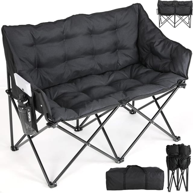 Klappbarer Campingstuhl Mit 2 Sitzen, Tragbarer Strandstuhl, Campingsofa, Max. Belastbarkeit 320 Kg – Schwarz