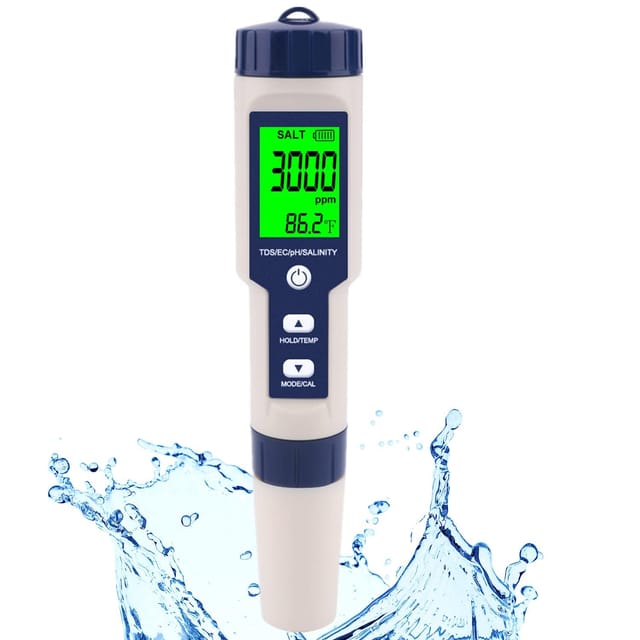 Digitales Salz-und Ph-messgerät Für Schwimmbäder, Meerwasser Und Trinkwasser, 5-in-1 Salzgehalt, Temperatur, Elektrische Leitfähigkeit (ec) Und Gesamtfeststoffgehalt (tds) Für Pools, Hohe Präzision