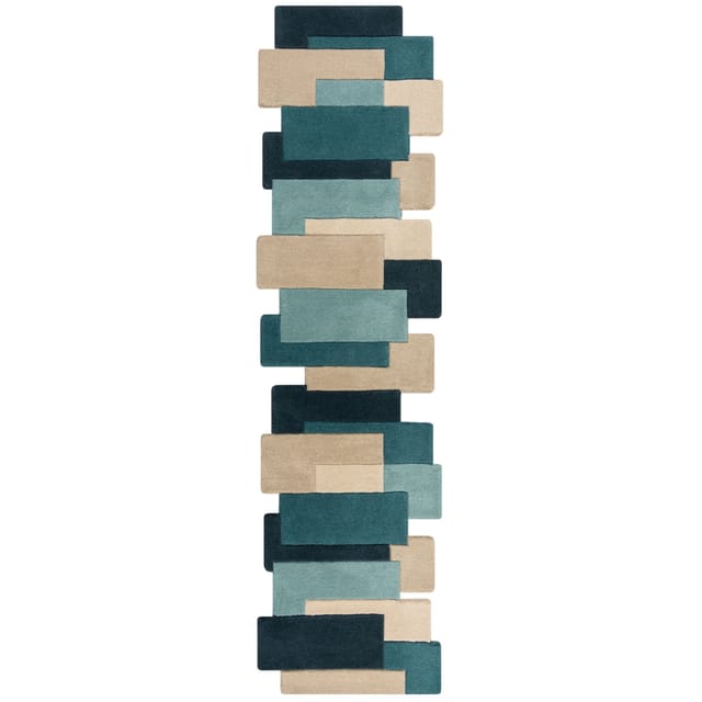 Teppich-Läufer Kurzflor HALLEIN Geometrie-Relief Wolle 66x300 cm Türkis Flurläufer Küchenläufer modern grafisch zeitlos Kadima Design